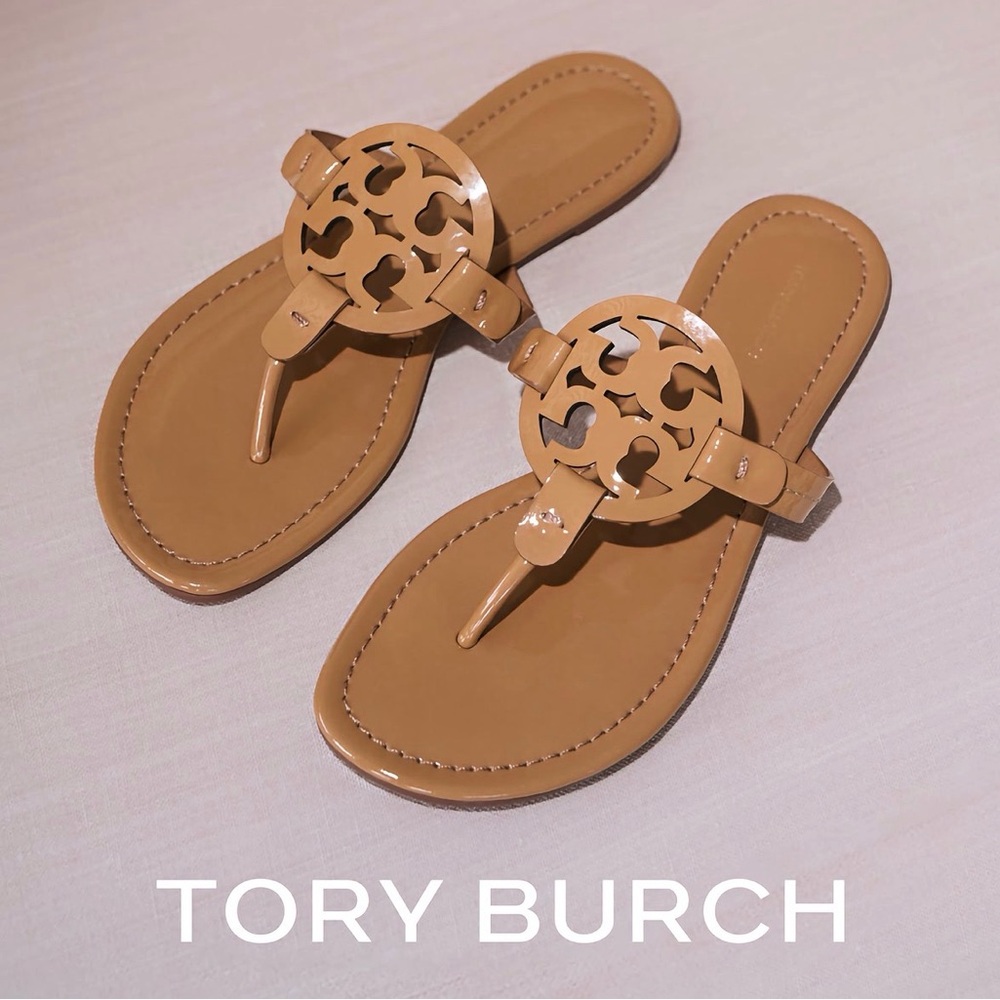 Tory Burch Miller tan patent leather flat sandals size 6.5